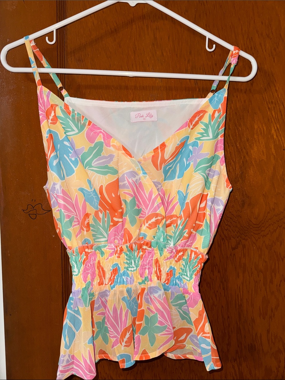 Pink Lily Tropical Print Smocked Cami Top